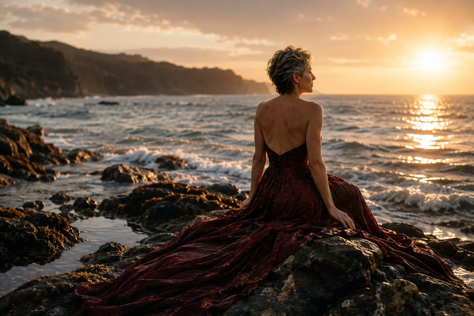 Une femme en robe bordeaux, vue de dos, assise sur les rochers face à la mer au coucher du soleil