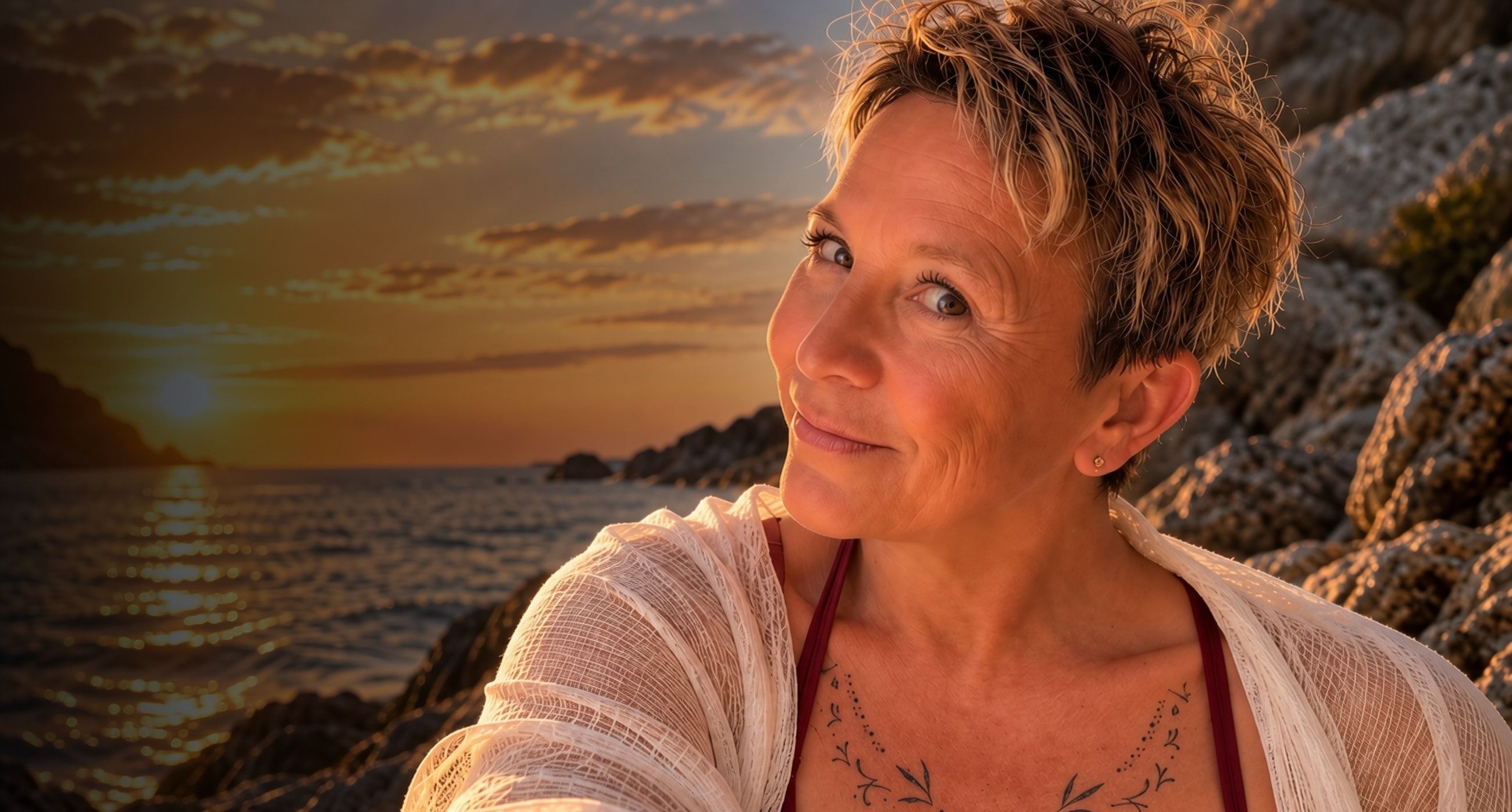 Nathalie Sauvé sur une côte rocheuse, au coucher du soleil